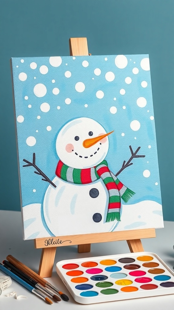 Easy Snowman Painting for Christmas A festive snowman painting with a blue sky and snowflakes, showcasing a snowman with a scarf and carrot nose.